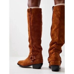 New Free People Lockhart Suede Knee-High Harness Boots Brown 9